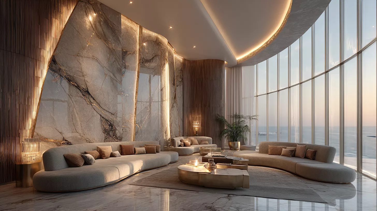 تصميم داخلي معاصر ناعم في جدة بخطوط منحنية وتشطيب فاخر وإضاءة مخفية وخامات طبيعية جاهز للتسليم المفتاح